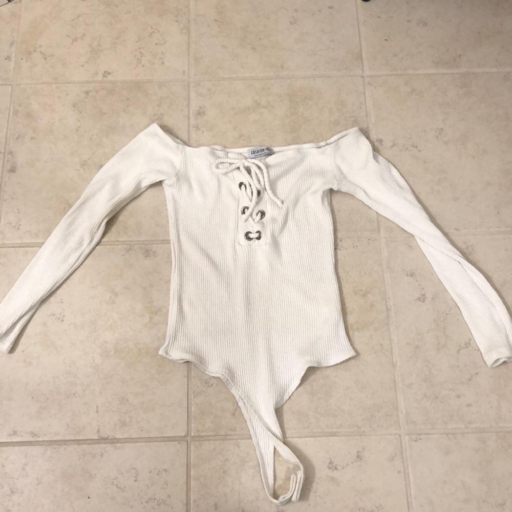 White Long sleeve Off The Shoulder Tie Body Suit